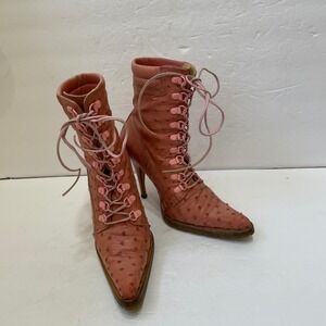 VINTAGE MAX‎ LEATHER USA GRANNY ANKLE BOOTS IN PINK OSTRICH LEATHER